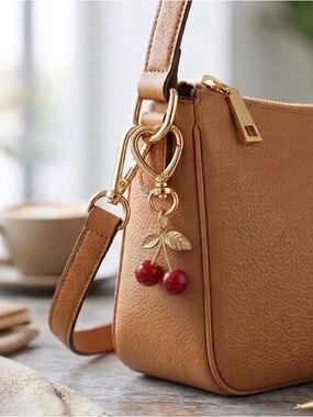 Gold Heart Cherry Keychain - Red Cherry Charm xtra small